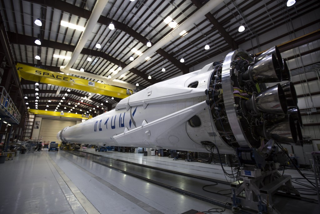 A rocket waits in the SpaceX hangar. Image from SpaceX.