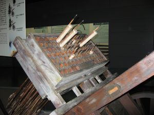 A model of a 15th Century Korean hwacha or wheeled cart.