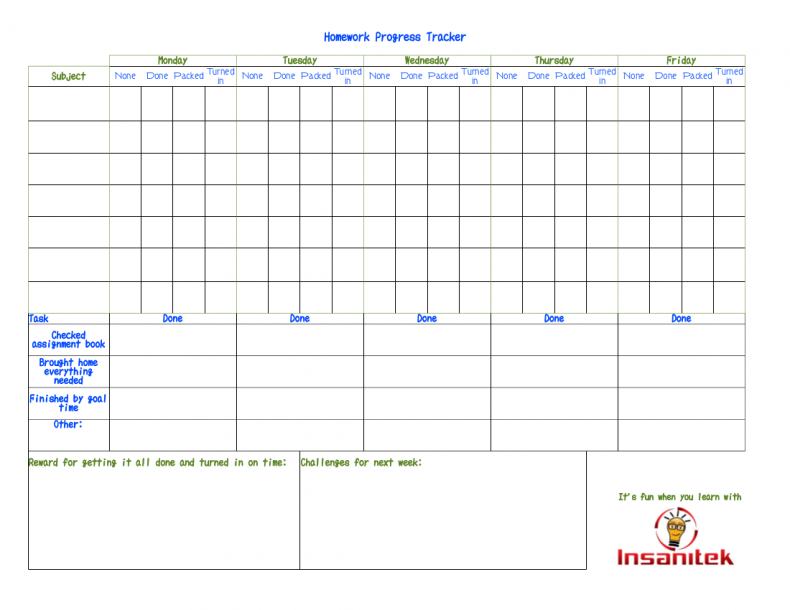 Homework Tracker and Challenge Sheet [blue & green] - Insanitek