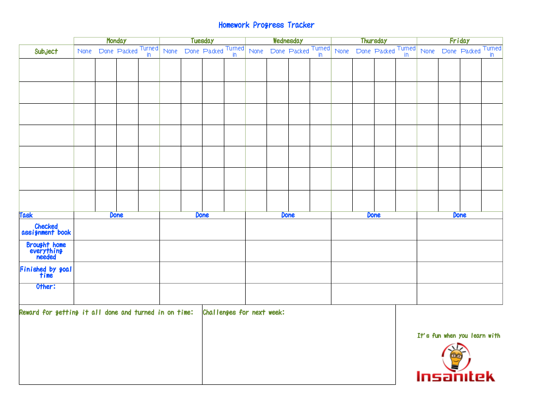 homework tracker spreadsheet