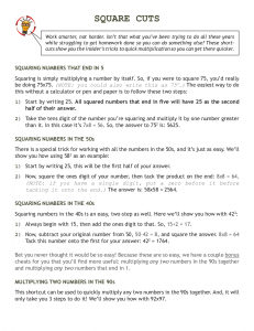 shortcuts to squaring numbers, cheat sheet