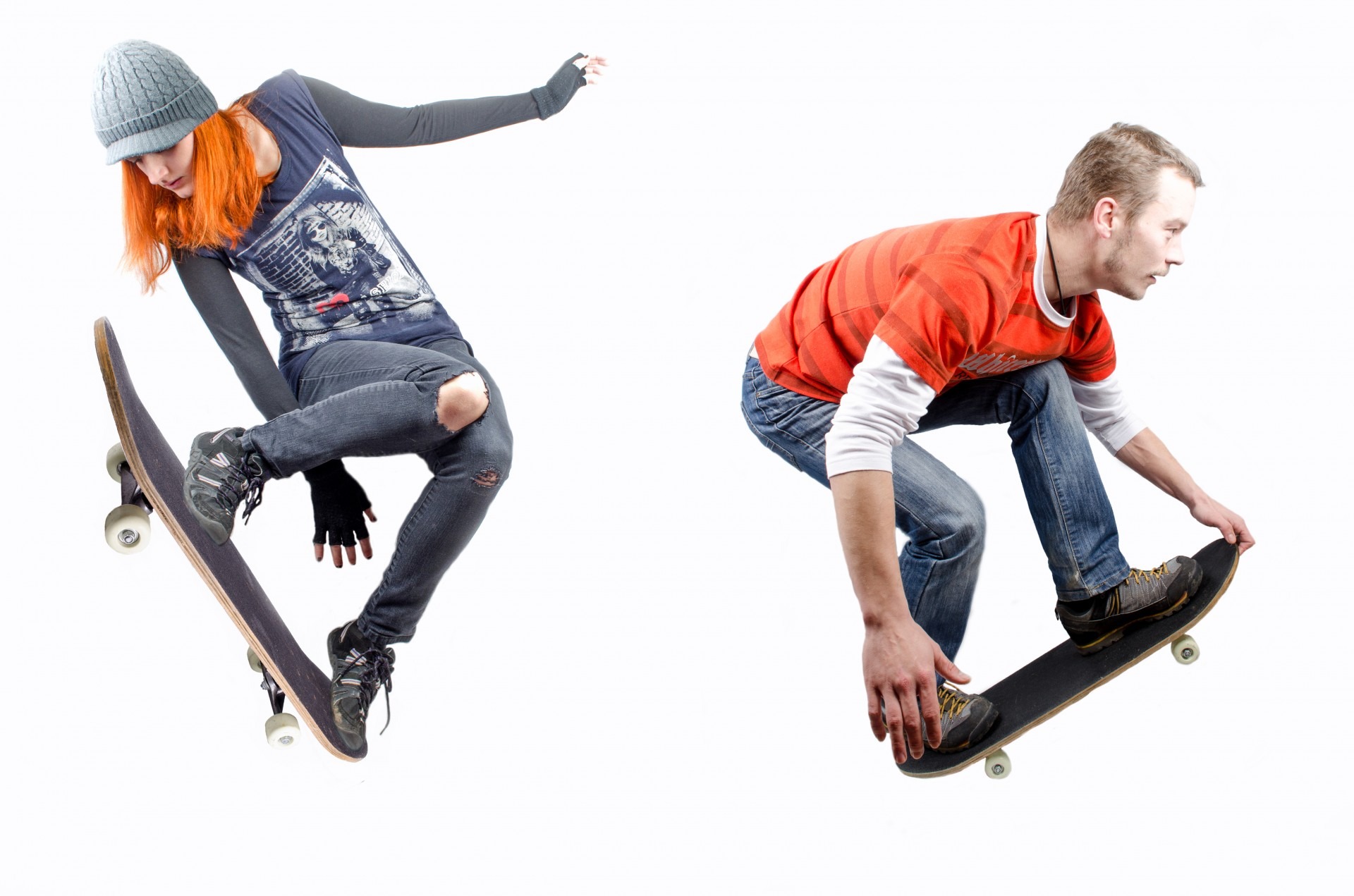 Female and male skateboarders jumping