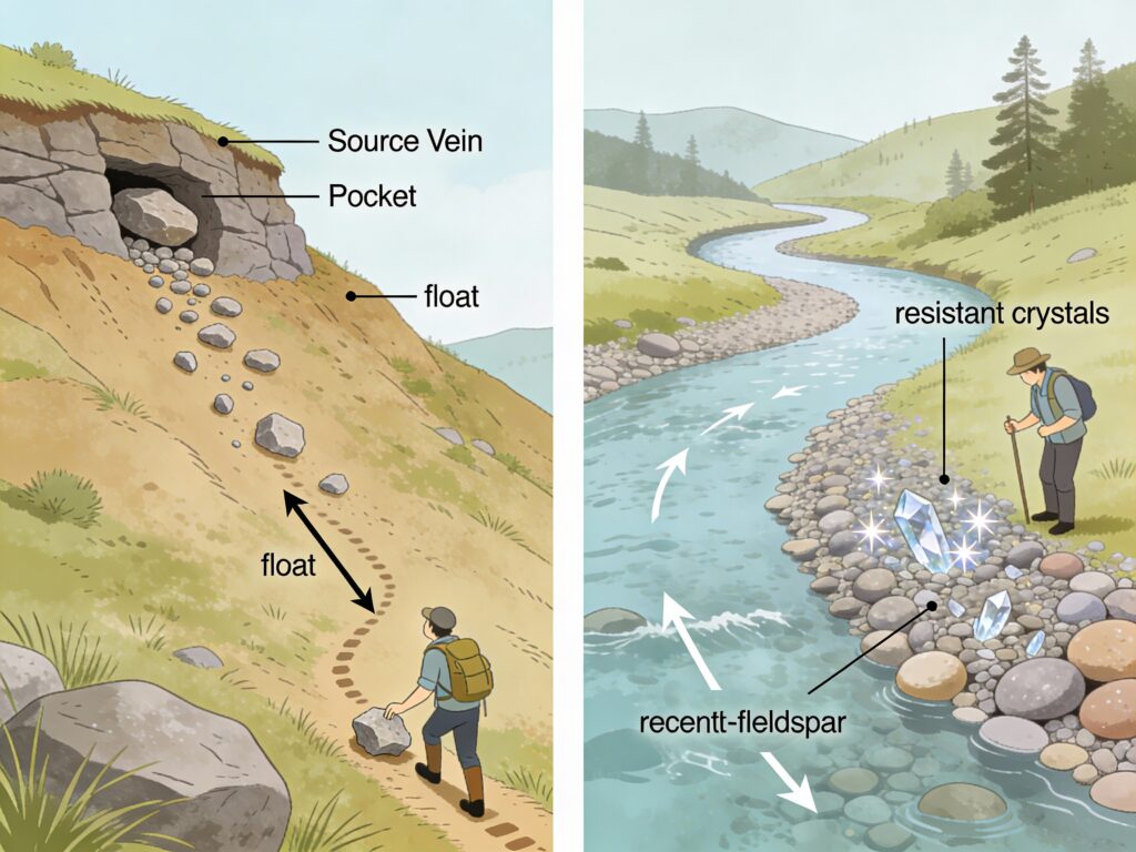 Diagram of methods for prospecting for crystals.