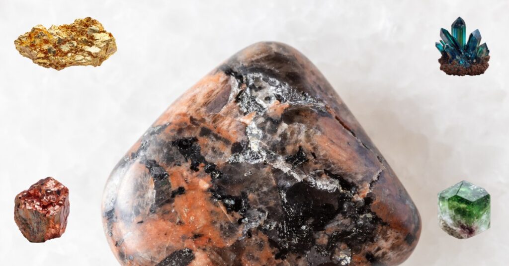 Examples of igneous rock surrounded by crystals.