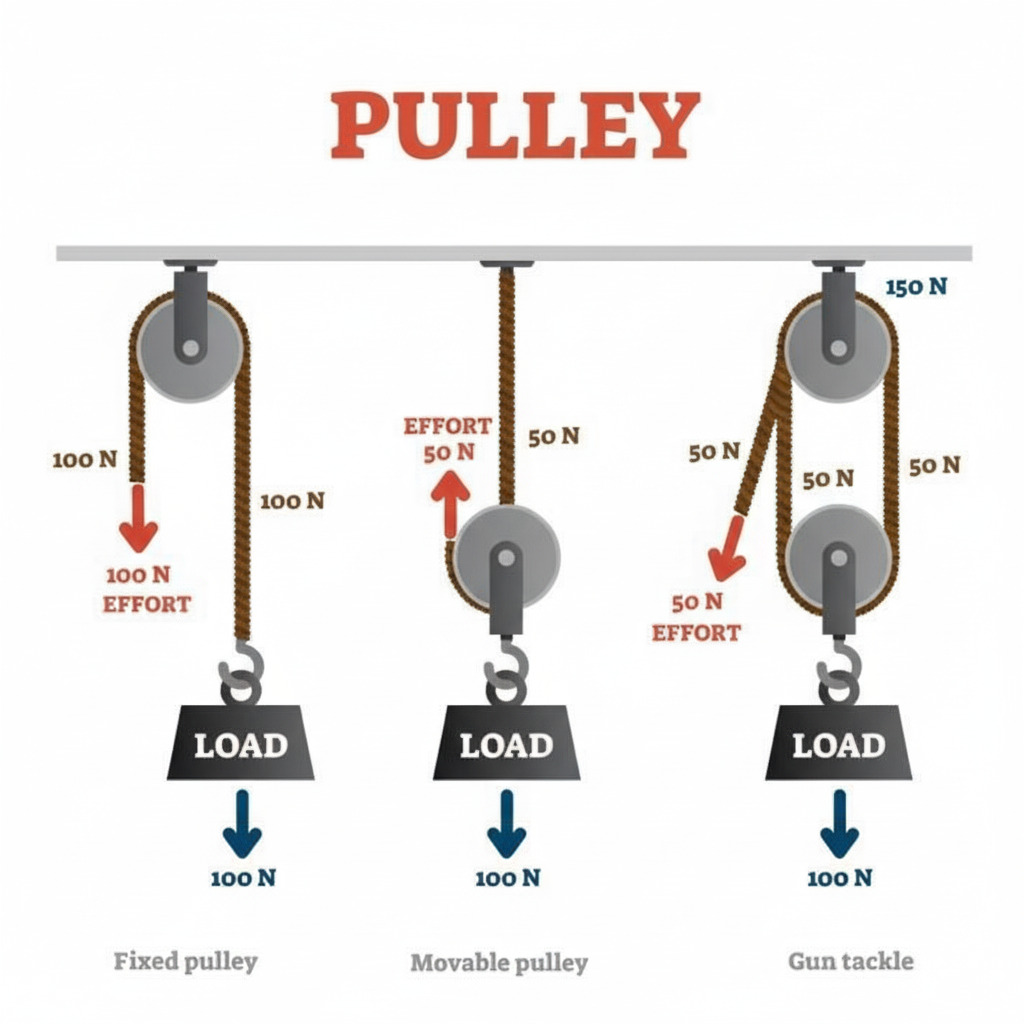 Three-part pulley diagram comparing a fixed pulley, a movable pulley, and a compound gun tackle pulley, each showing the load, effort forces in newtons, and how pulleys change the force needed to lift the same weight to illustrate mechanical advantage in simple machines.