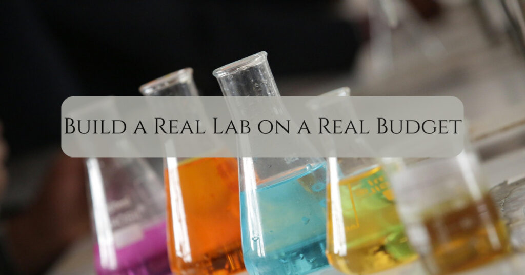 Colorful Erlenmeyer flasks and beakers filled with bright solutions on a lab bench, illustrating how to choose essential chemistry glassware on a budget.