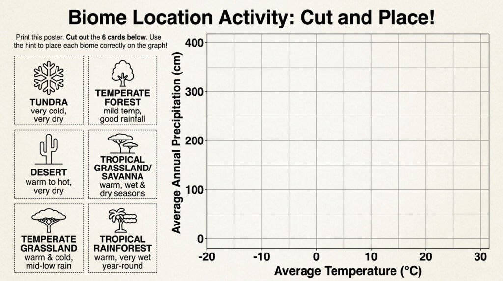 Blank temperature–precipitation graph with separate cut‑out biome cards around it, each card labeled with a biome name, simple icon, and short climate hint for students to place on the graph.