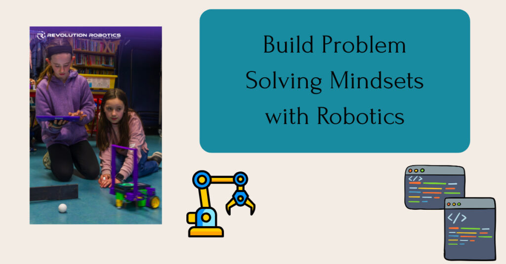 Two kids in a library floor space test a colorful wheeled robot while one controls it with a tablet, illustrating hands‑on robotics learning and problem‑solving.