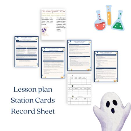 Spooky Science Reactions, Properties and Pressure homeschool chemistry workshop printable with lesson plan, station cards, and student record sheet