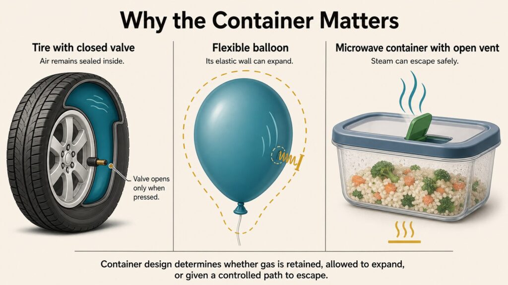 Diagram comparing a tire with a closed valve, a flexible balloon, and a vented microwave container to show how containers affect gas pressure.
