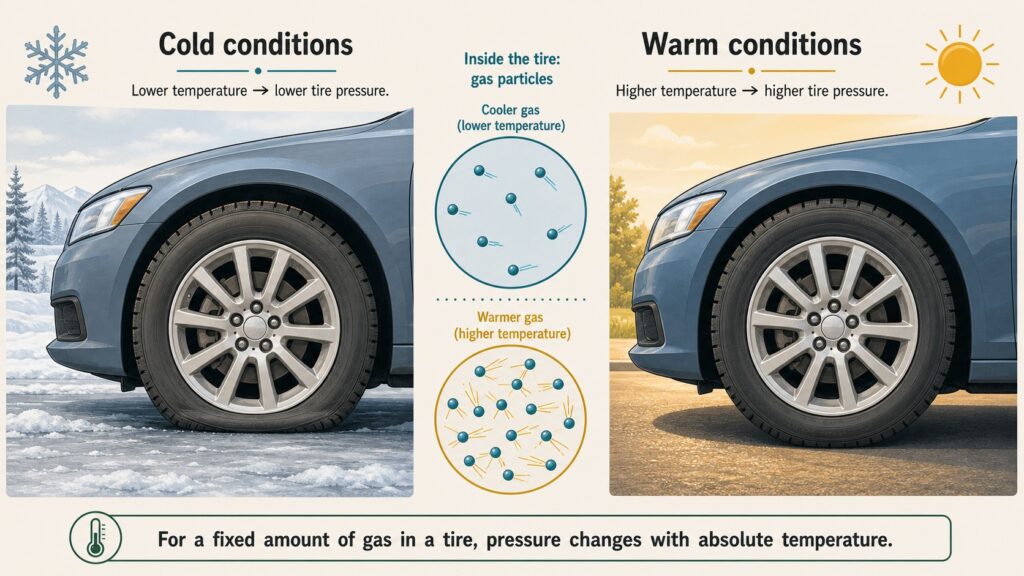 Two car tires show lower tire pressure in cold conditions and higher tire pressure in warm conditions.
