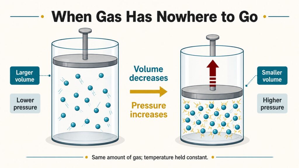 Boyle’s law diagram showing the same amount of gas at larger volume and lower pressure, then smaller volume and higher pressure.