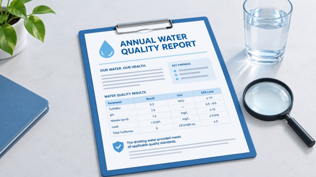 Illustration of a generic annual water-quality report with a magnifying glass and glass of drinking water.