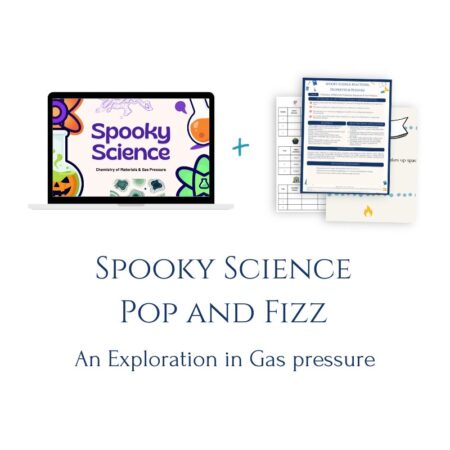 Spooky Science Pop and Fizz classroom chemistry lab for grades 3–5 with lecture slides, lesson plan, station cards, and student record sheet