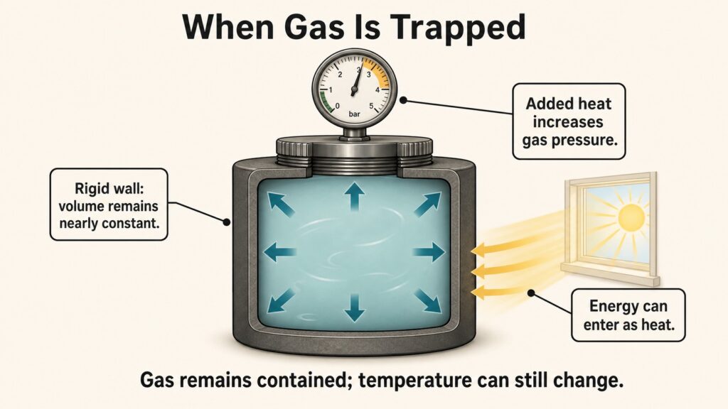 Cutaway of a sealed rigid container showing heat entering and gas pressure increasing while volume remains nearly constant.