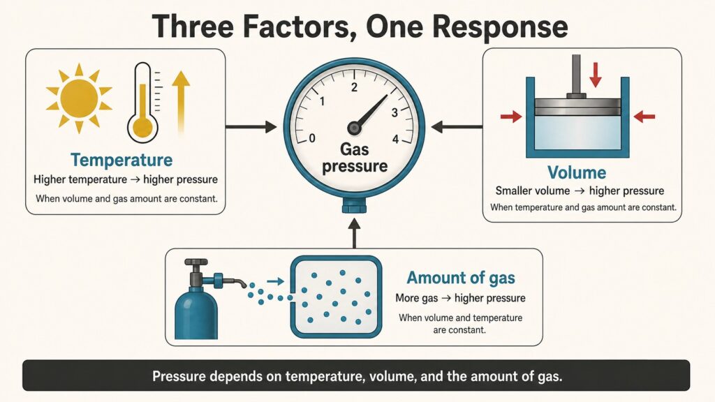 Infographic showing that gas pressure increases when temperature or gas amount increases, or when volume decreases.