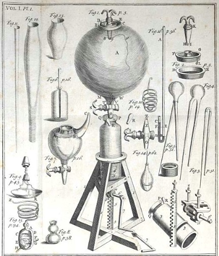Historical engraving of Robert Boyle’s pneumatic air pump with a glass receiver, valves, tubes, and related experimental apparatus.
