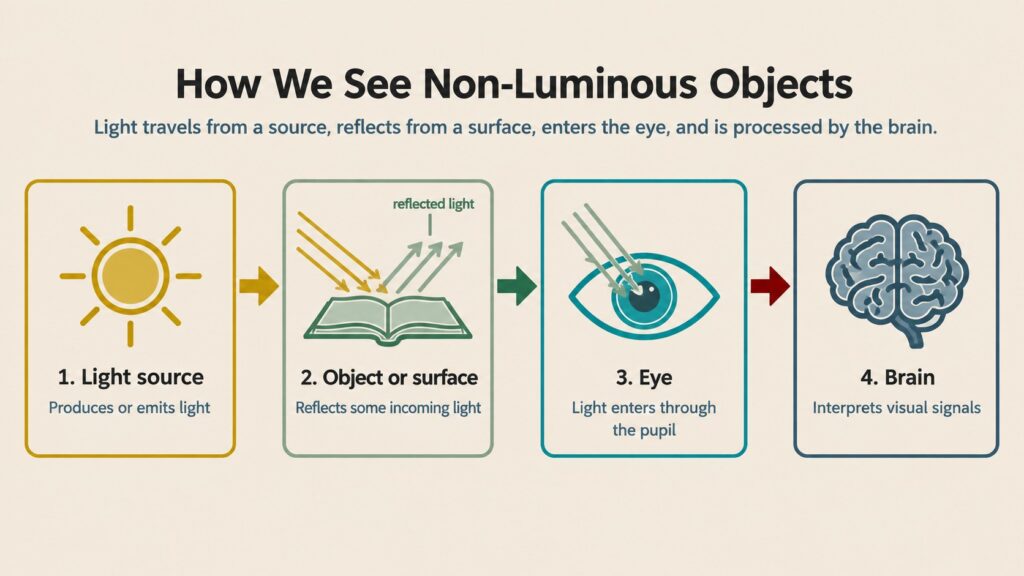 Infographic showing how light lets us see non-luminous objects: light travels from a source to an object or surface, reflects into the eye, and is processed by the brain.