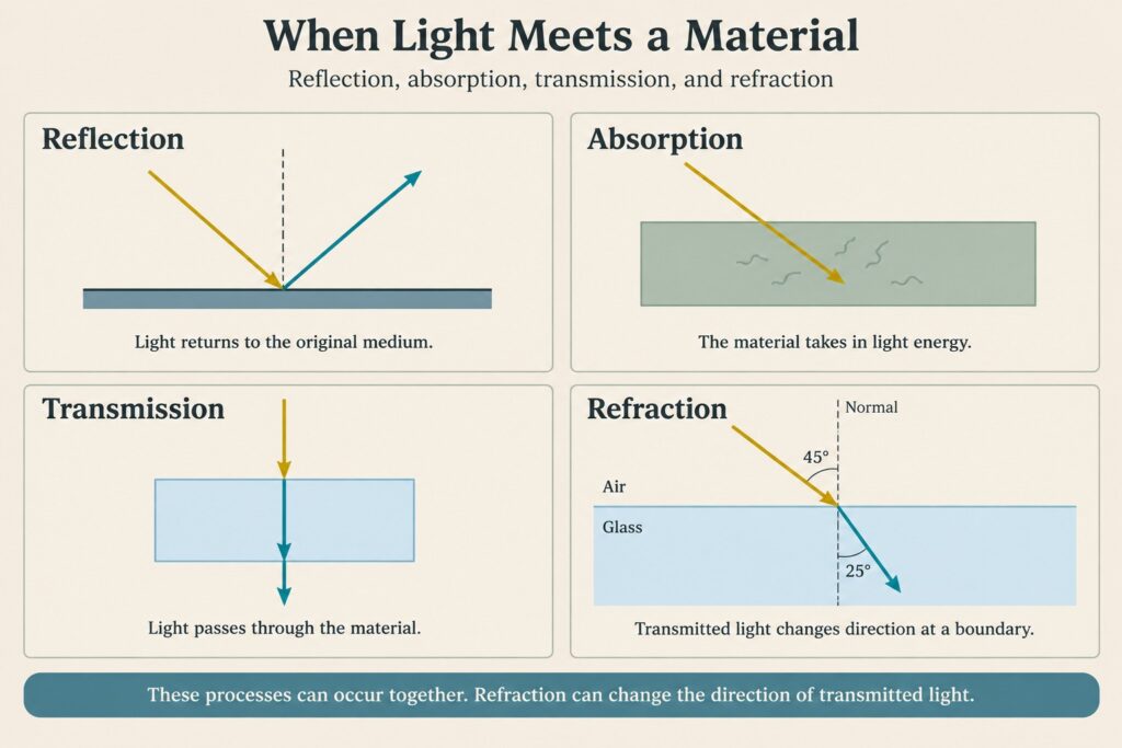 Four diagrams show light reflecting from a surface, being absorbed within a material, passing through it, and bending toward the normal as it enters glass.