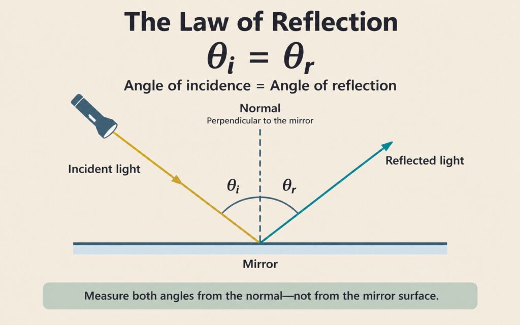 Flashlight beam reflecting from a flat mirror, showing the law of reflection: θᵢ = θᵣ, with equal angles measured from the perpendicular normal.