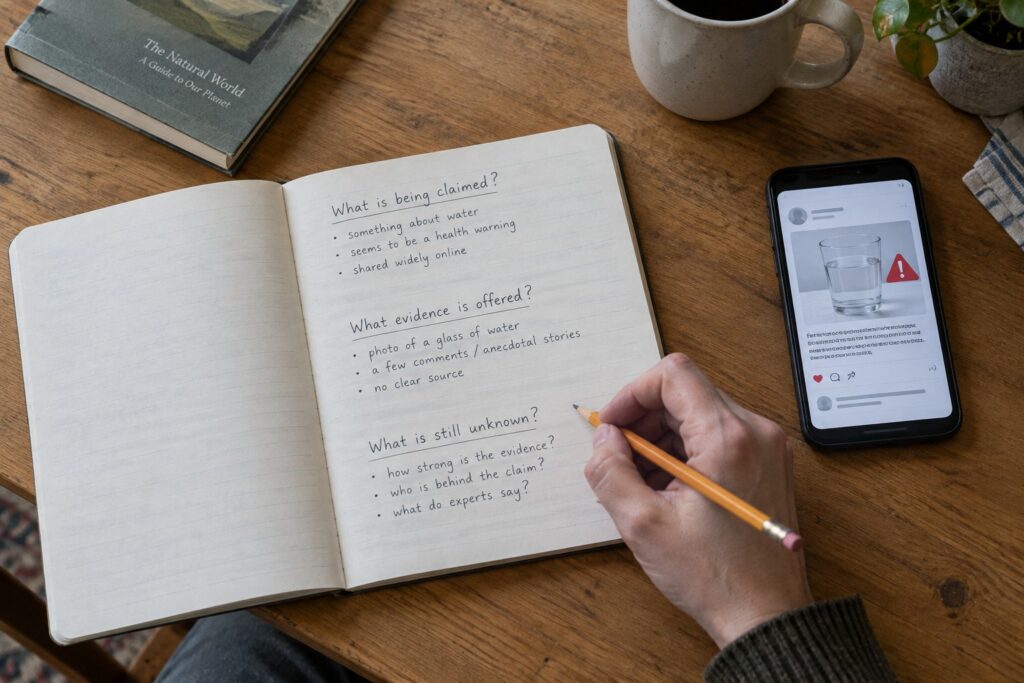 Hand holding a pencil over a notebook with questions about a scientific claim, beside a smartphone displaying an alarming post.